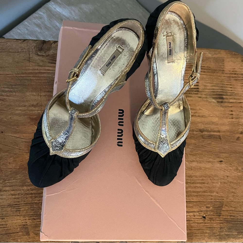 Miu Miu T-Strap Spectator Heel Fabric & Metallic … - image 4